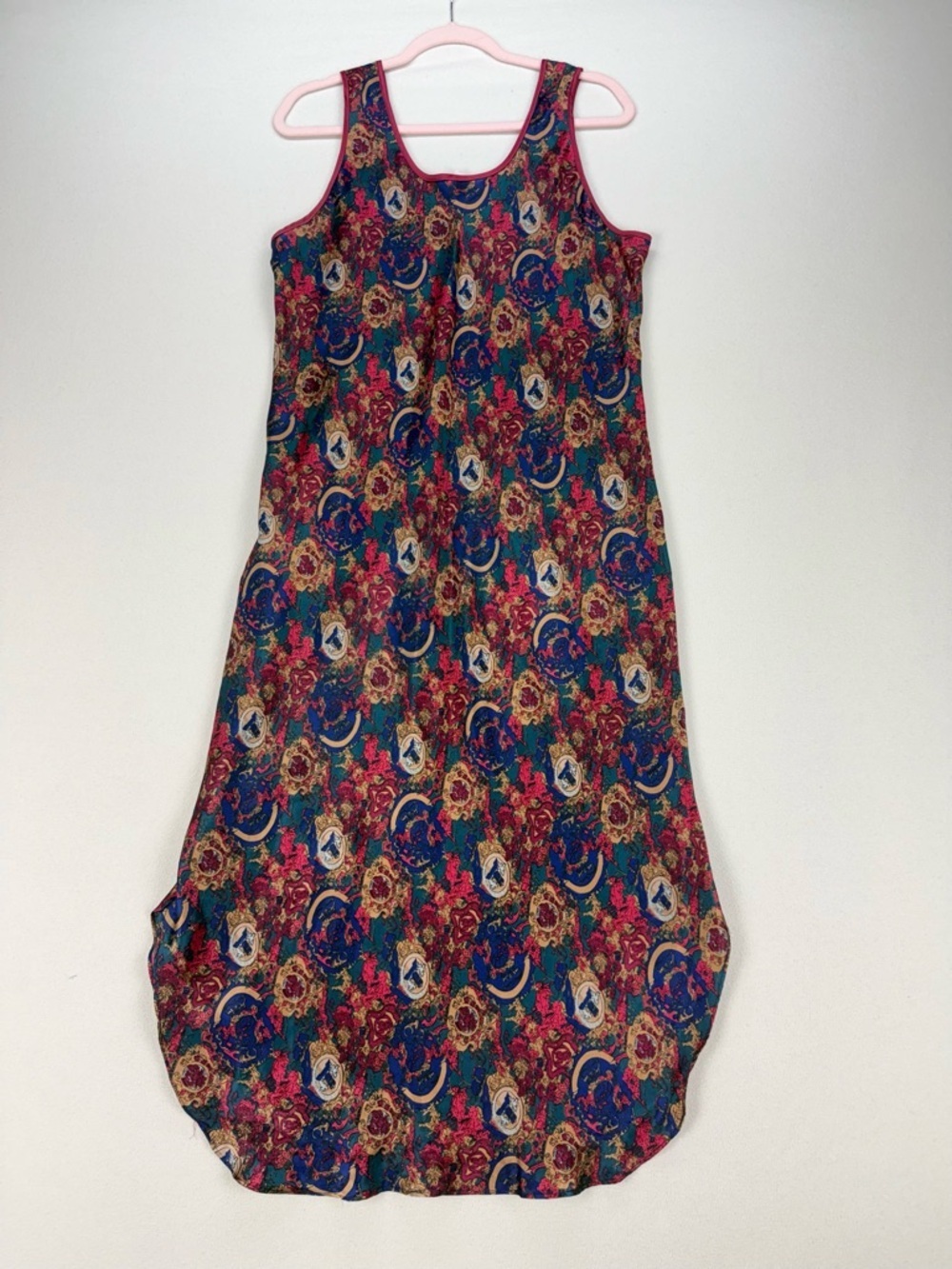 Vintage Maxi Satin Slip Dress with Boho Abstract Floral Design
